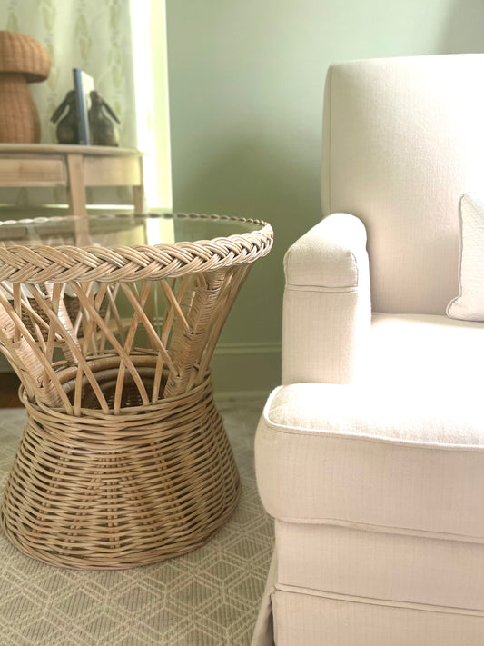 Vintage Large Wicker Side Table with Glass Top